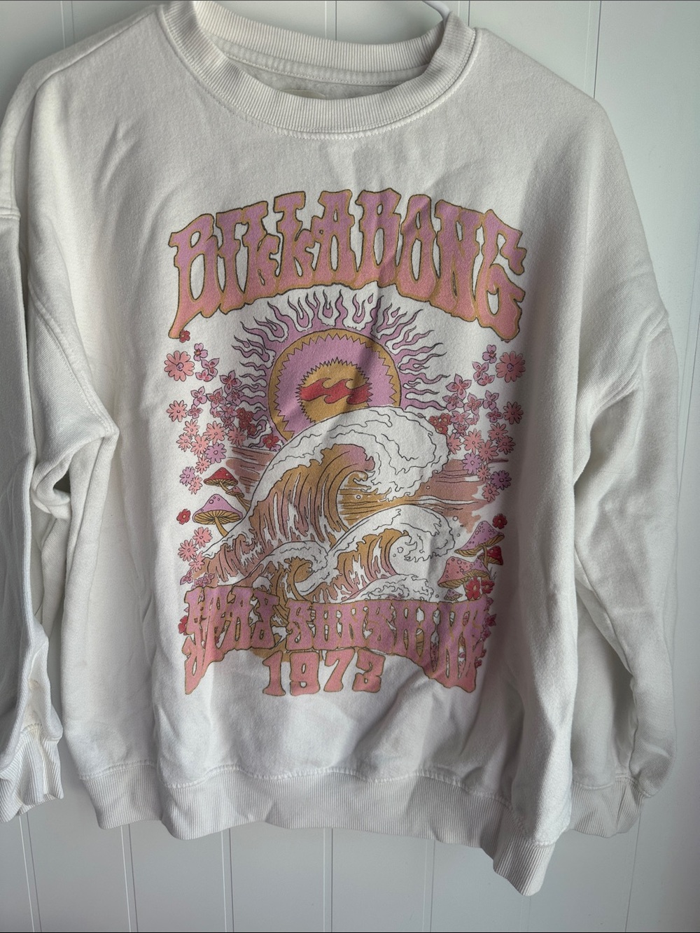 Billabong White Crewneck with Pink & Gold Surf Graphic
